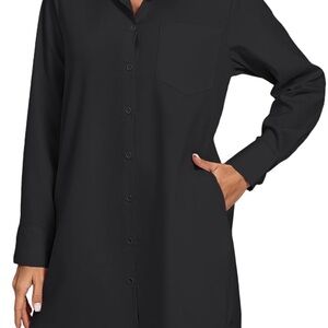 LYANER Women's Collar V Neck Button Down Long Sleeve Cruved Hem Shirt Dress
